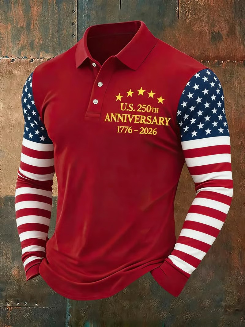1776 2026 USA Stars And Stripes Polo Long Sleeve Shirt 250th Anniversary Patriotic Gift For Dad
