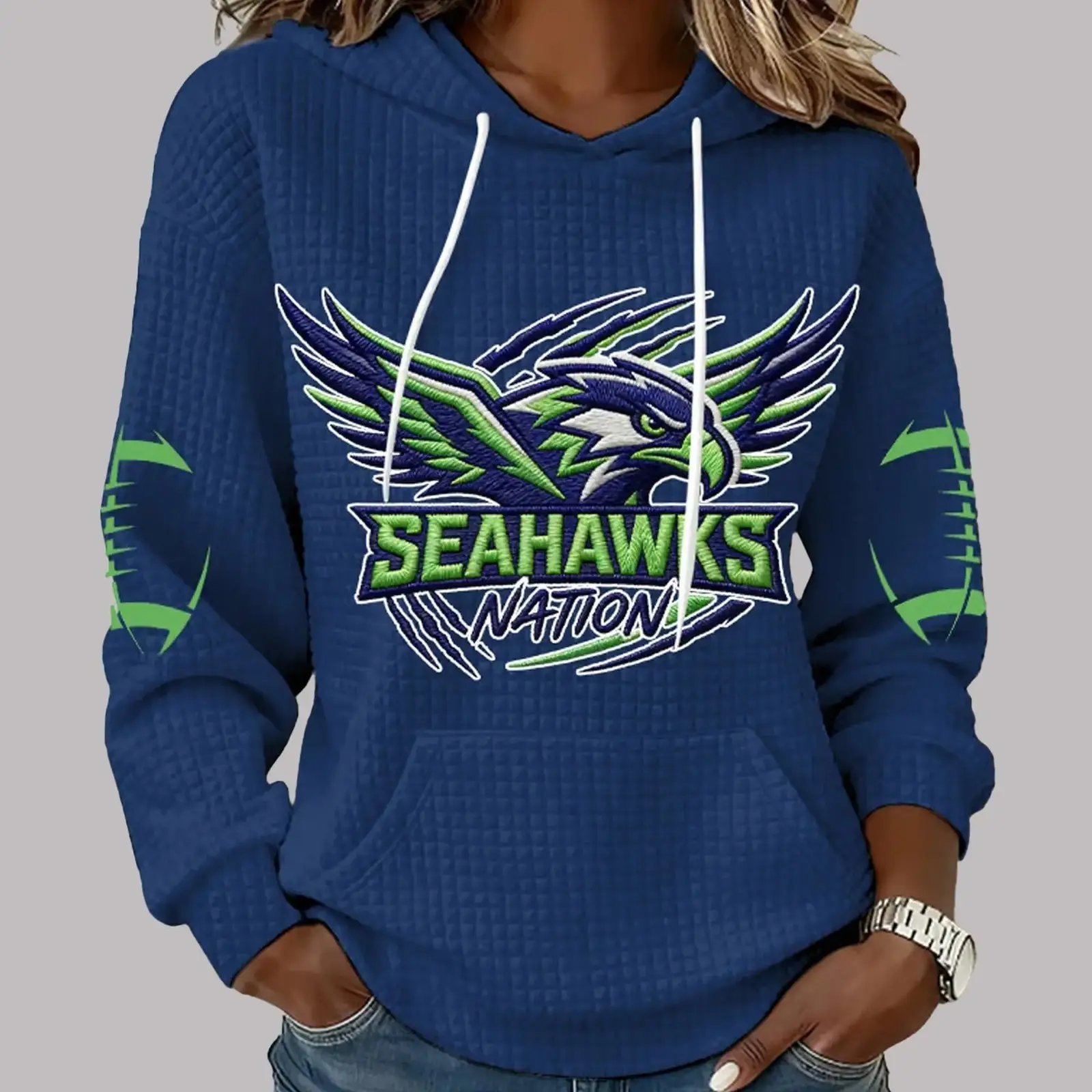 2026 Seahawk Nation Mascot Head Waffle Hoodie Seahawks Championship Merch