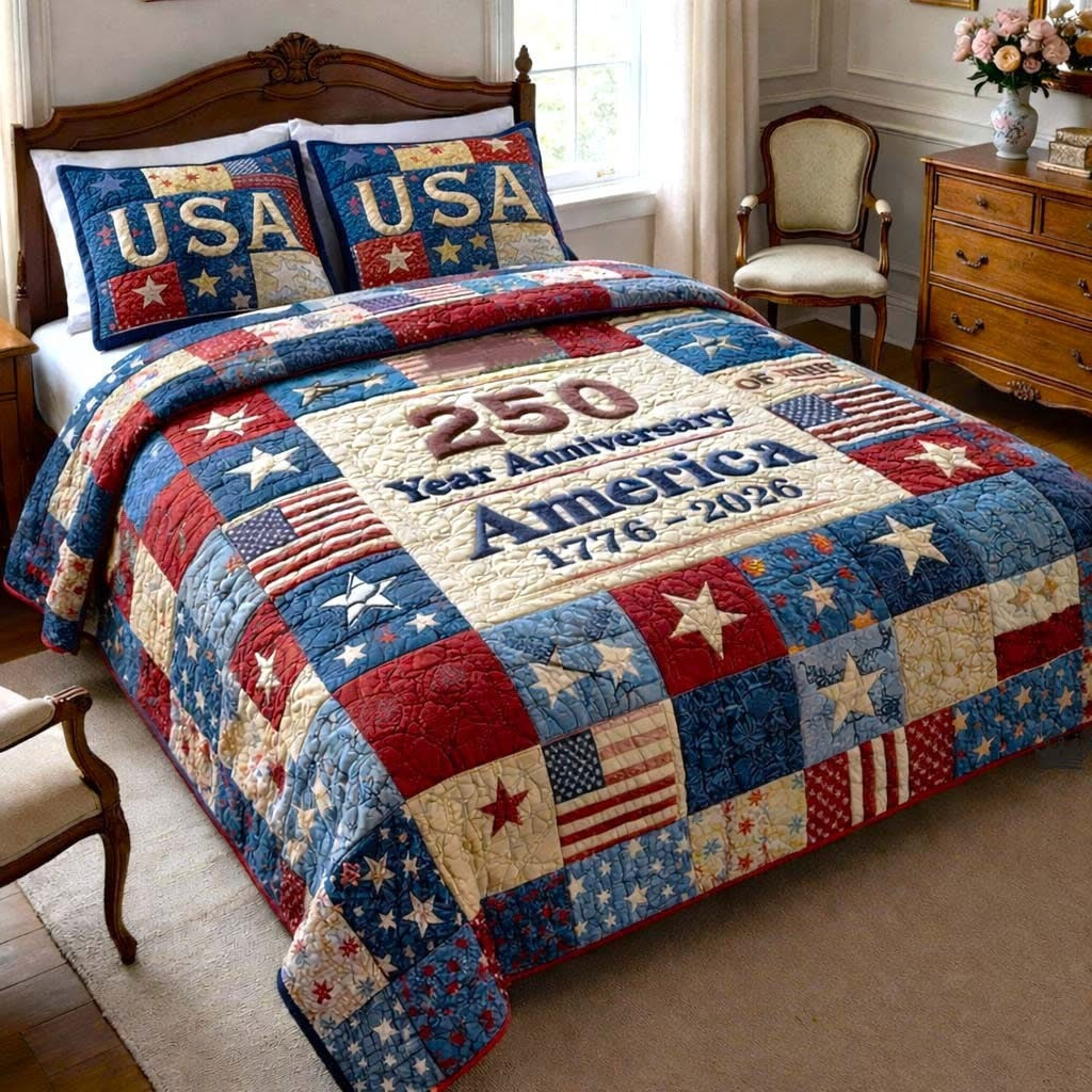 250 Year Anniversary Quilted Bedding Set America 1776 2026 Independence Merch Gift For Women