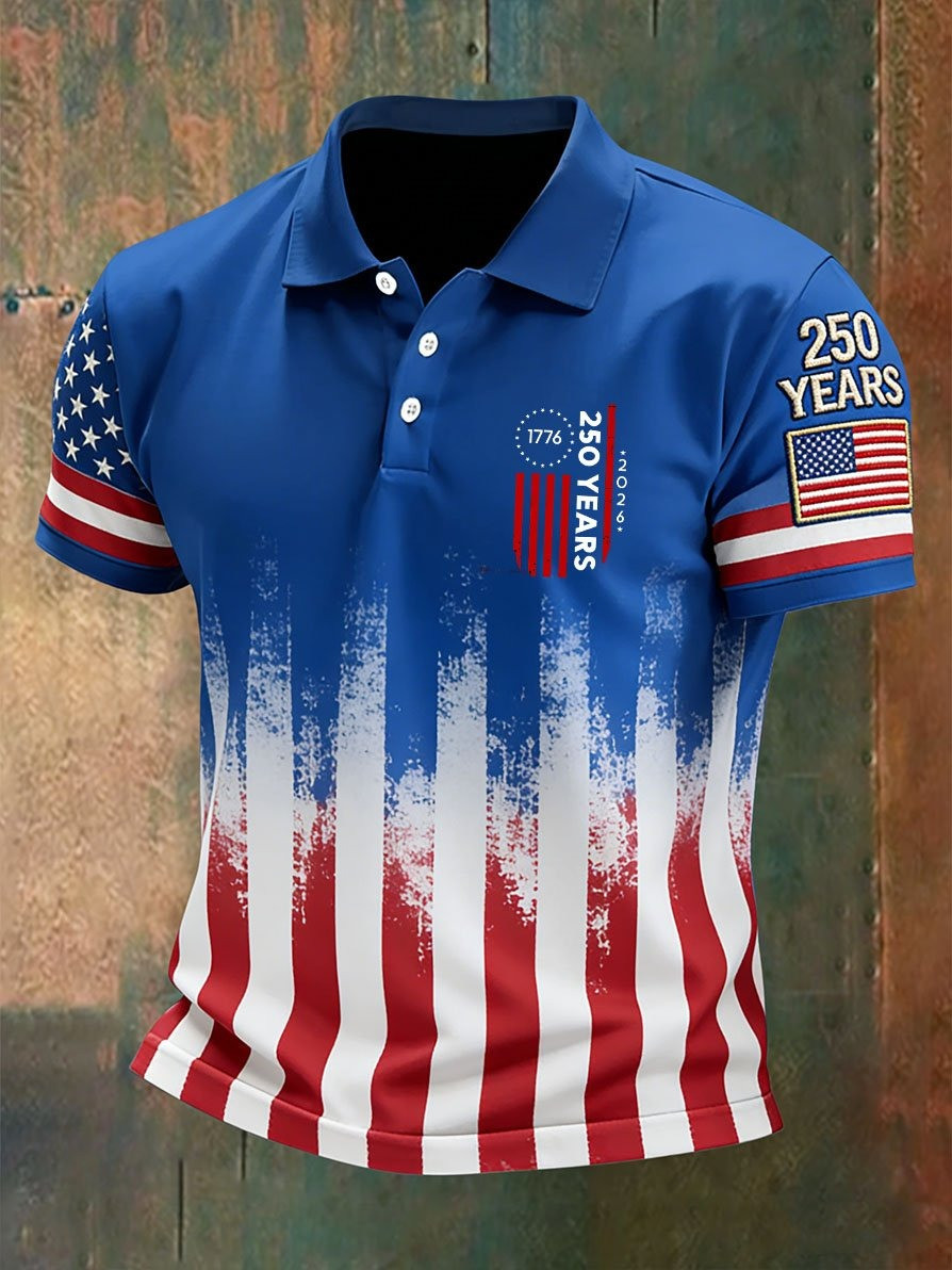 250 Years 1776 2026 Polo Shirt Mens American Flag Print Fourth of July Gift for Dad