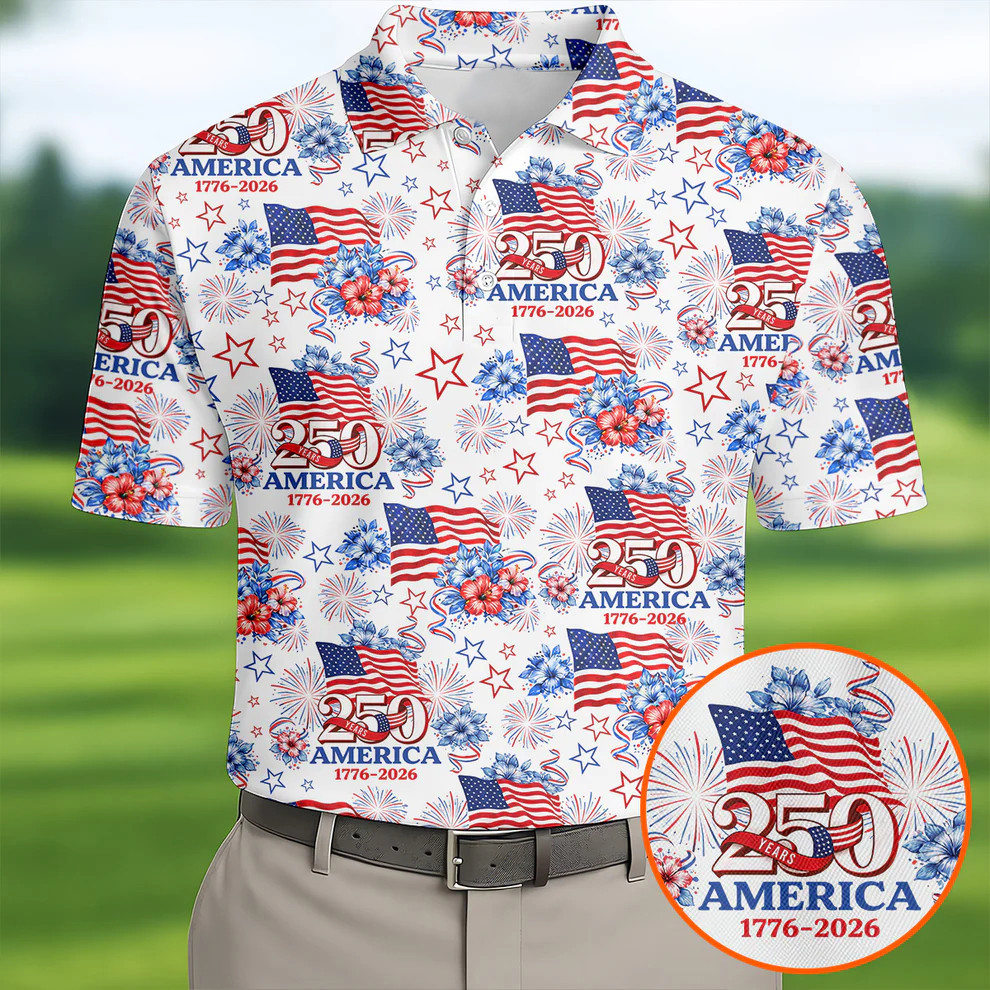 250 Years America 1776-2026 Polo Shirt Men's Hibiscus Tropical Flowers Print Dad Gift