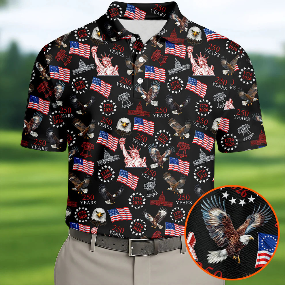 250 Years American Bald Eagle Polo Shirt 4th of July Merch Golfing Gift for Father