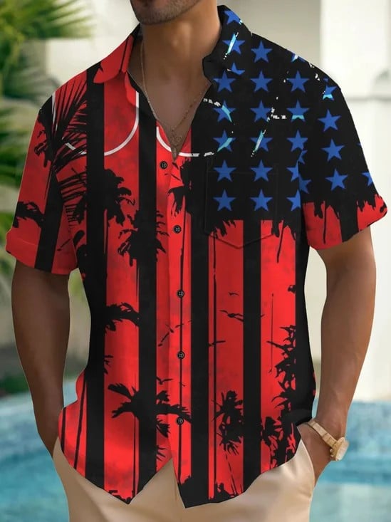 250 Years Of America Hawaiian Button Shirt Patriotic American Flag Palm Tree Merch Gift For Him