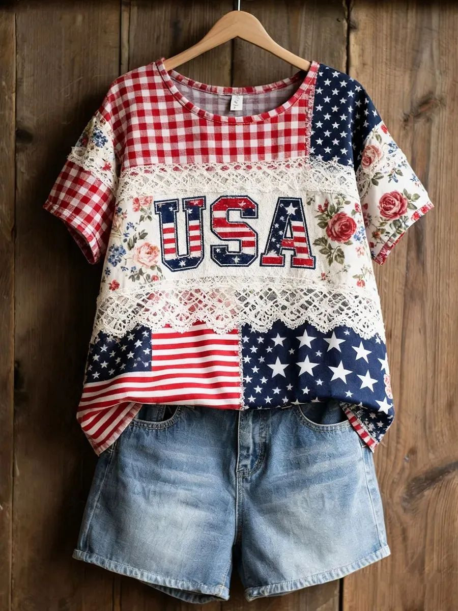 250 Years Of America T-Shirt American Floral Patchwork Clothes Patriotic Gifts For Daughter