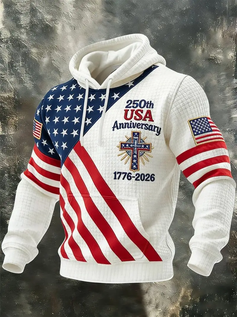 250 Years Of Anniversary Waffle Hoodie USA Flag Star Cross 1776 2026 Merch Gift For Dad 250 Years Of Anniversary Waffle Hoodie USA Flag Star Cross 1776 2026 Merch Gift For Dad - Image 1