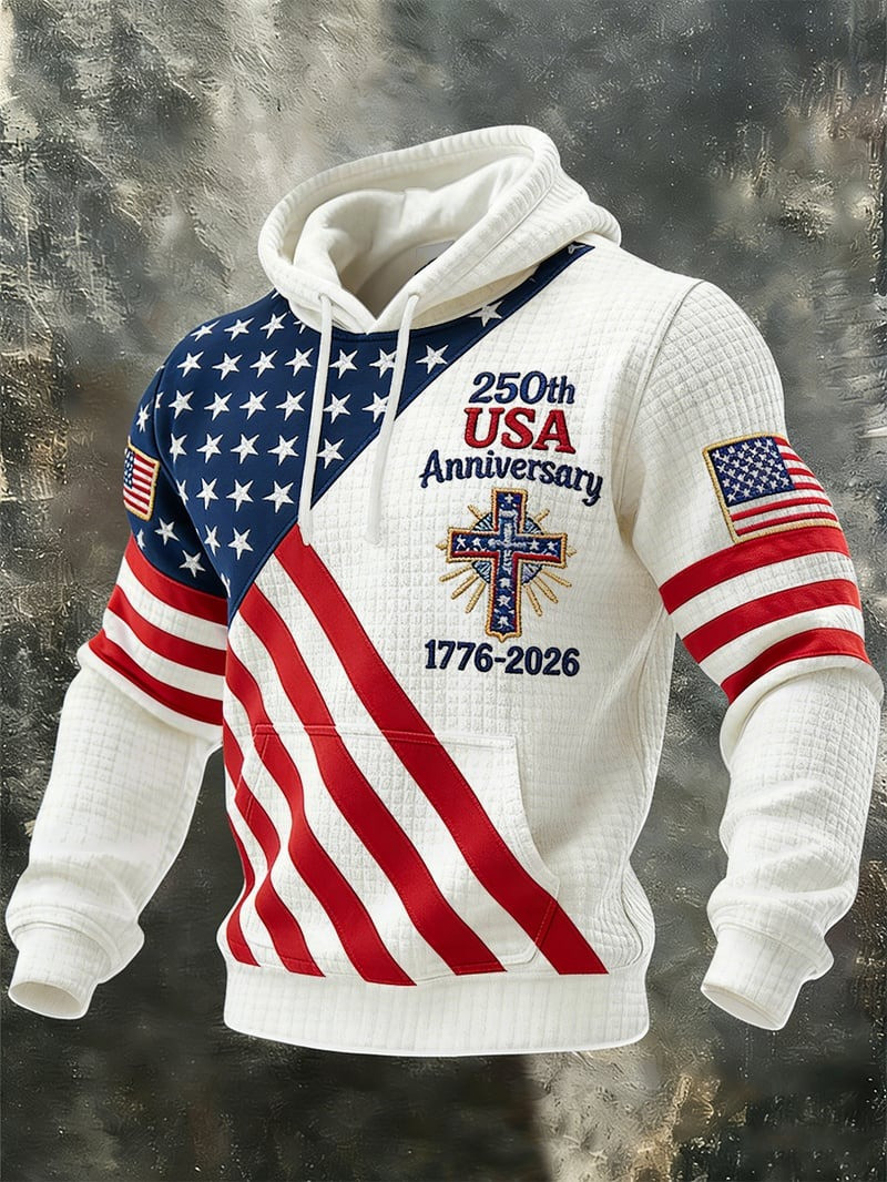 250 Years Of Anniversary Waffle Hoodie USA Flag Star Cross 1776 2026 Merch Gift For Dad 250 Years Of Anniversary Waffle Hoodie USA Flag Star Cross 1776 2026 Merch Gift For Dad - Image 1