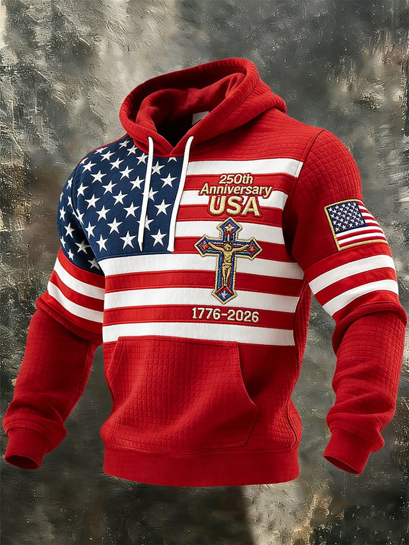 250 Years Of Anniversary Waffle Hoodie USA Flag Star Cross 1776 2026 Merch Gift For Men