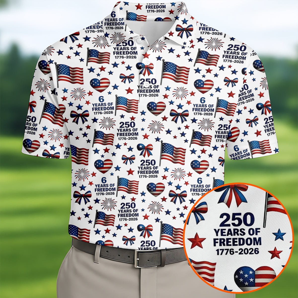 250 Years Of Freedom American Flag Pattern Golf Shirt 1776 2026 Patriotic Gift For Golfers
