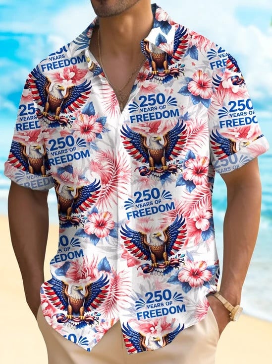 250 Years Of Freedom Hawaiian Button Shirt American Flag Eagle Apparel Gift For Him 250 Years Of Freedom Hawaiian Button Shirt American Flag Eagle Apparel Gift For Him - Image 1