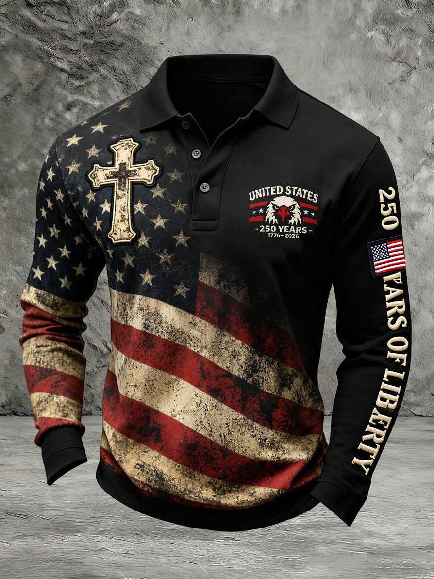 250 Years of Freedom Long Sleeve Polo 1776 2026 Faith Cross Graphic Fourth of July Gift