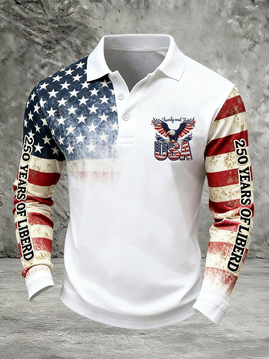 250 Years of Freedom Long Sleeve Polo Faith Family Freedom Shirt Fourth of July Merch Mens