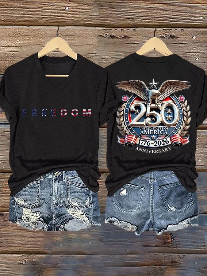250 Years of Freedom Shirt V-Neck United States 1776 2026 Apparel Womens