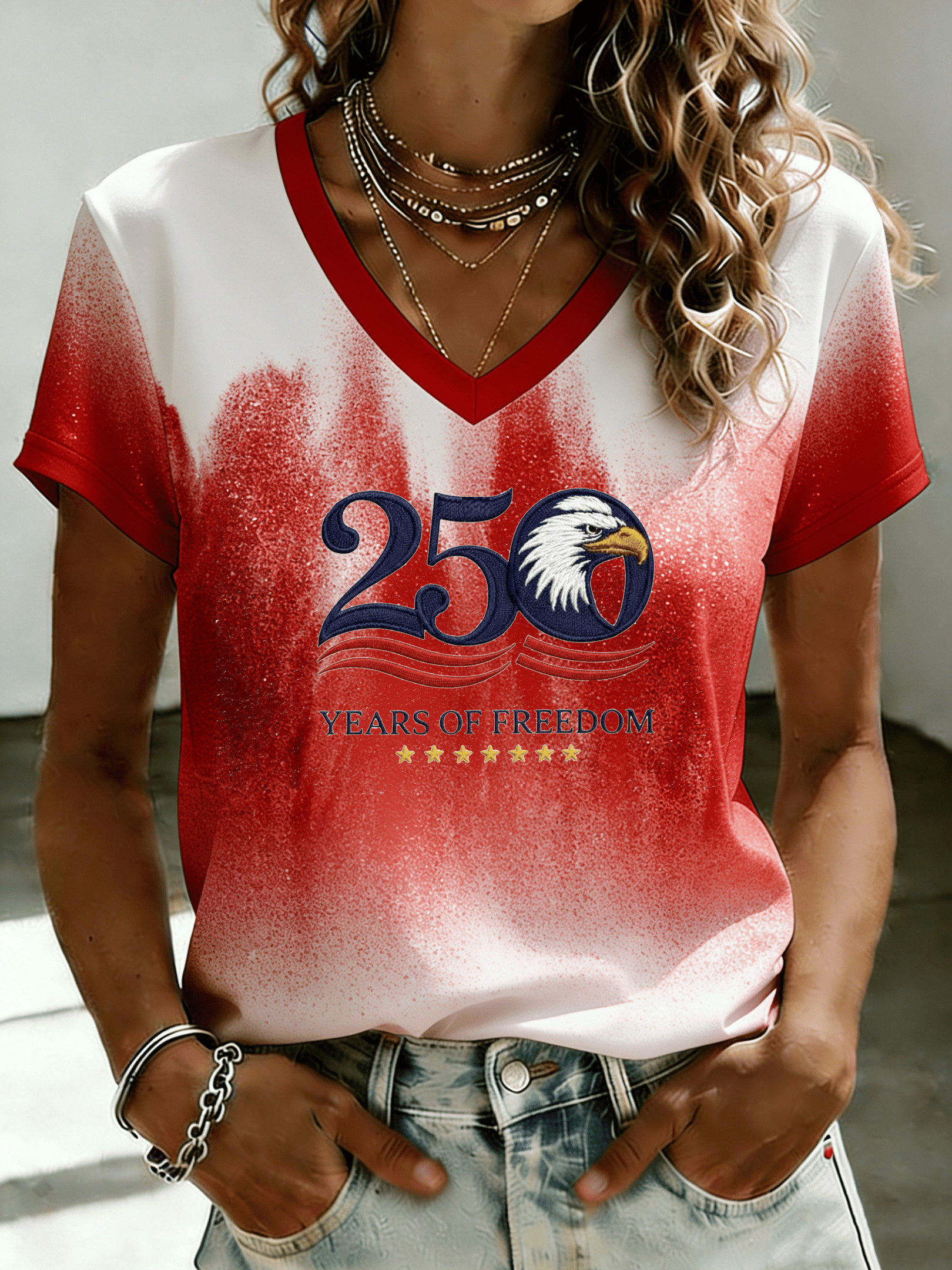 250 Years Of Freedom V-Neck Shirt Semiquincentennial 1776 2026 Clothing Gift For Her