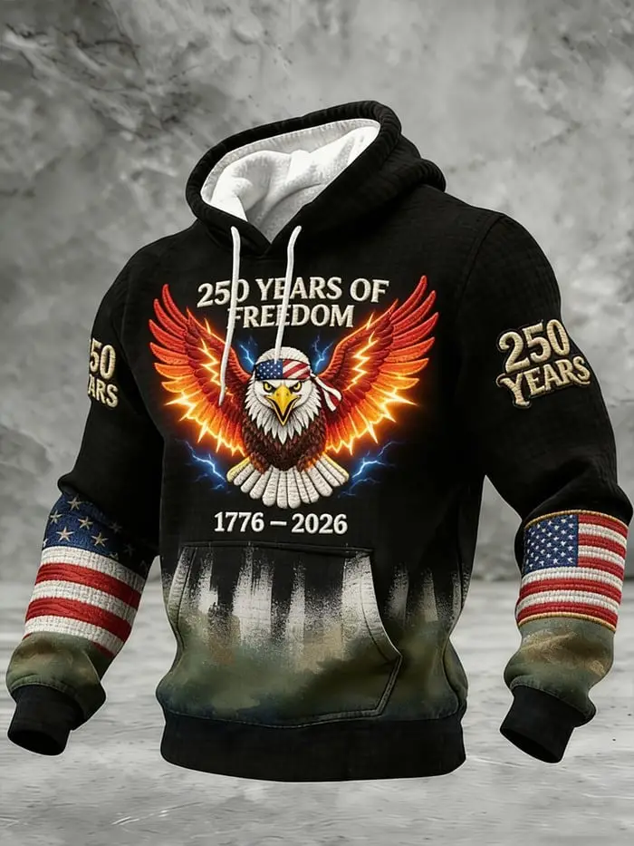 250 Years of Freedom Waffle Hoodie USA Flag Star Eagle 1776 2026 Apparel Gift For Dad
