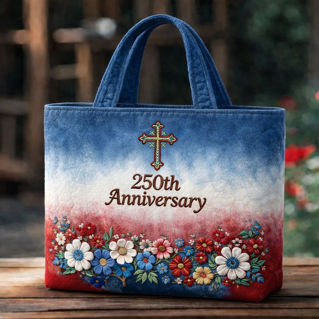 250th Anniversary Cross Floral Quilt Tote Bag Patriotic Christian Market Bag American Celebration Gift