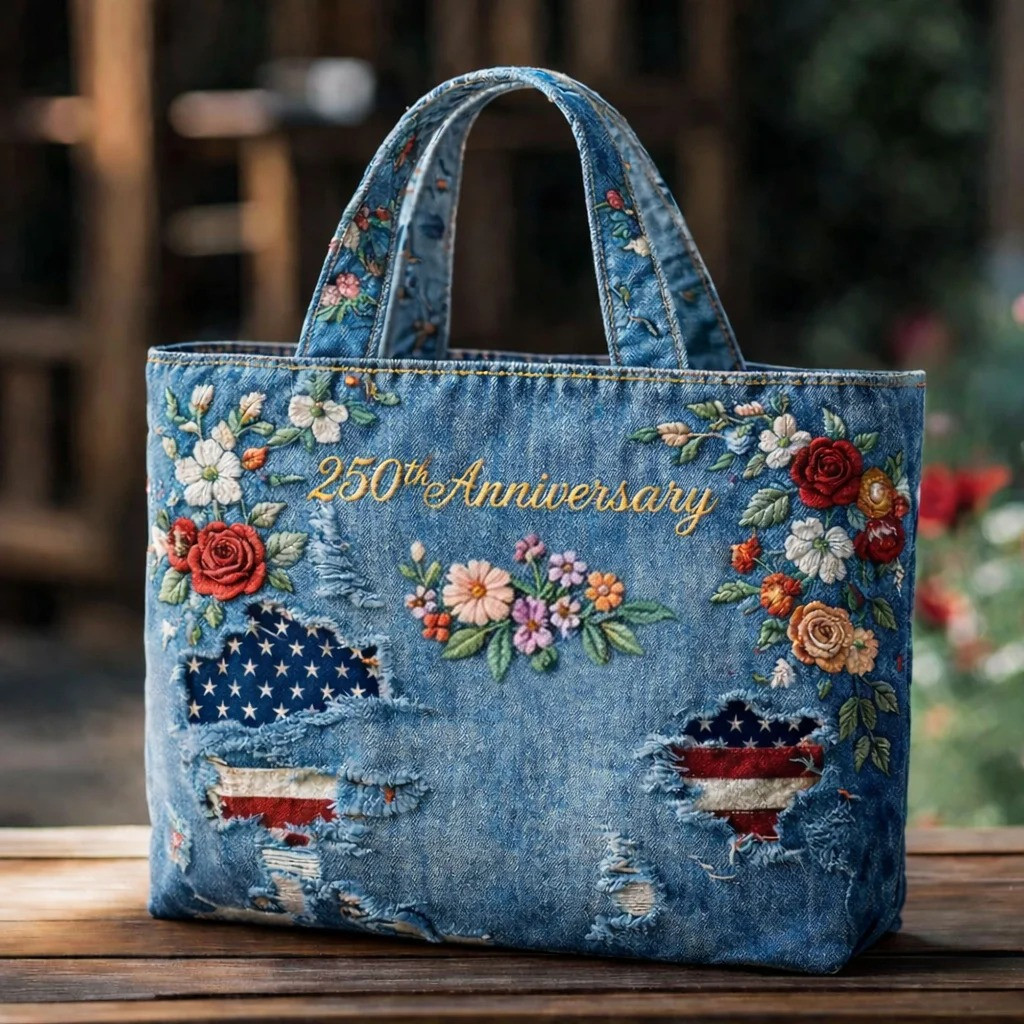 250th Anniversary Floral Denim Quilt Tote Bag Patriotic Flower Bag Gift For Women