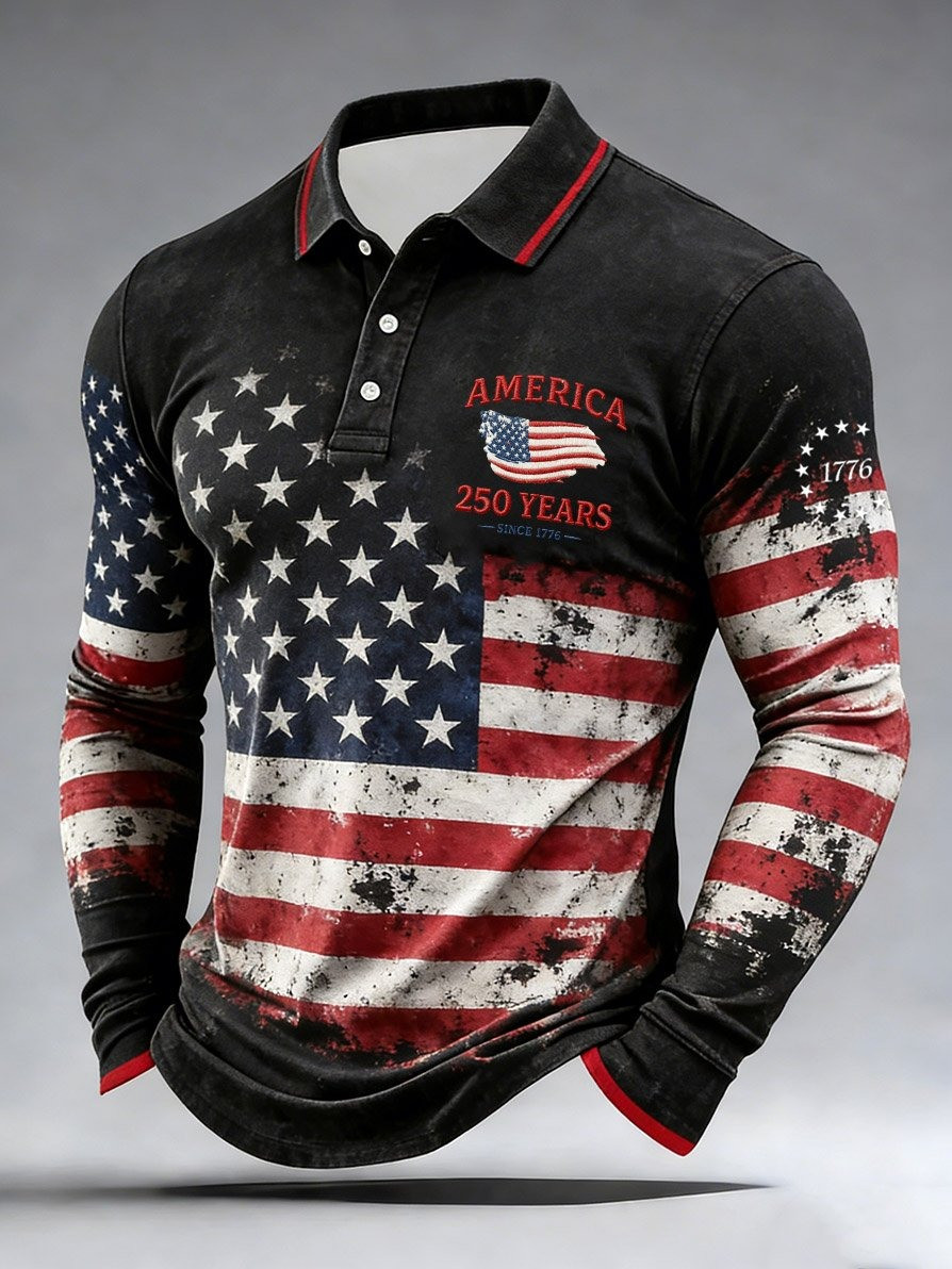 250th Anniversary Long Sleeve Polo Mens Vintage American Flag Graphic Shirt Gift Ideas