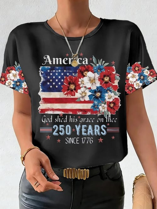 250th Anniversary National T-Shirt Flag Floral Print Casual Clothes Gift For Her