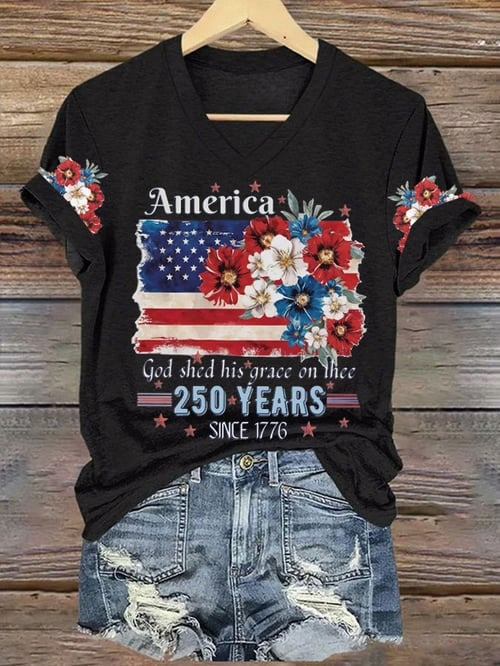 250th Anniversary National V-Neck Shirt Flag Floral Print Casual Apparel Gift For Mom