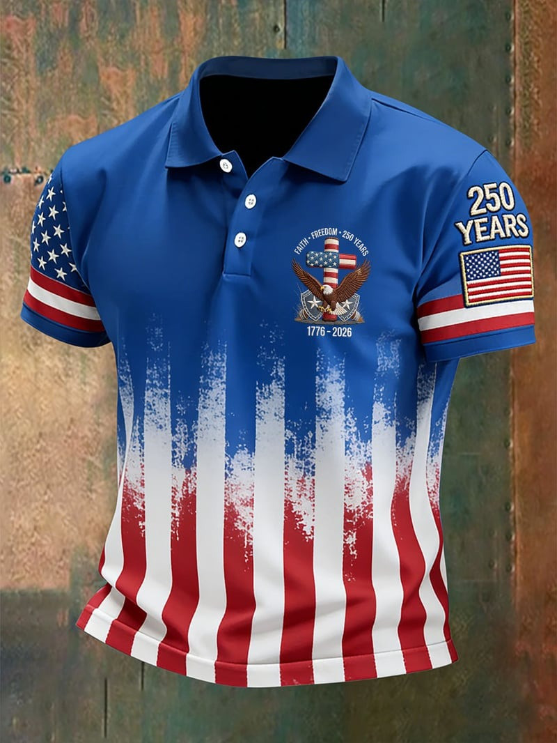 250th Anniversary Polo Shirt Men's Retro Faith American Apparel Fourth of July Merch 250th Anniversary Polo Shirt Men's Retro Faith American Apparel Fourth of July Merch - Image 1
