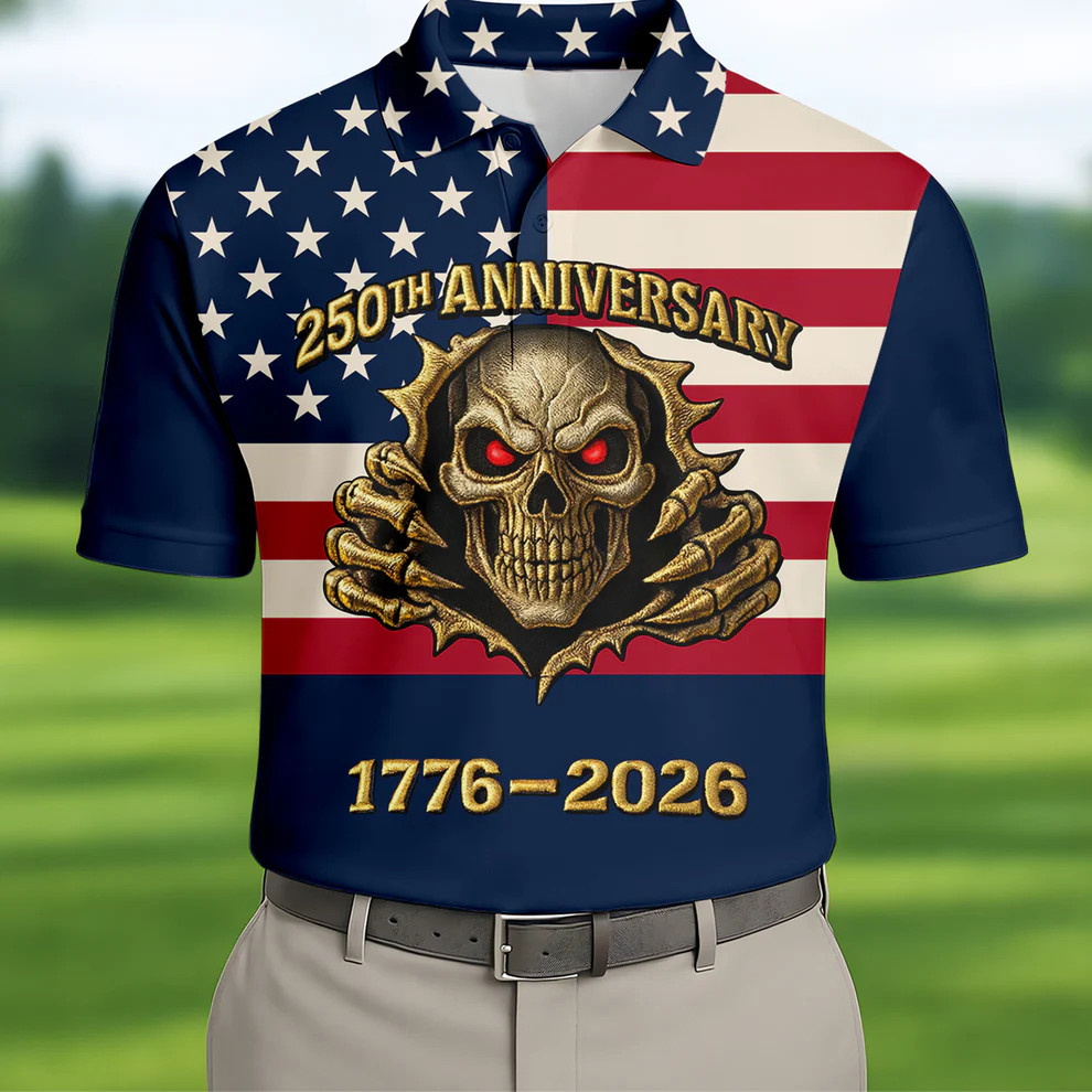 250th Anniversary Polo Shirt Patriotic American Flag Skull Graphic 4th of July Gift for Golfers