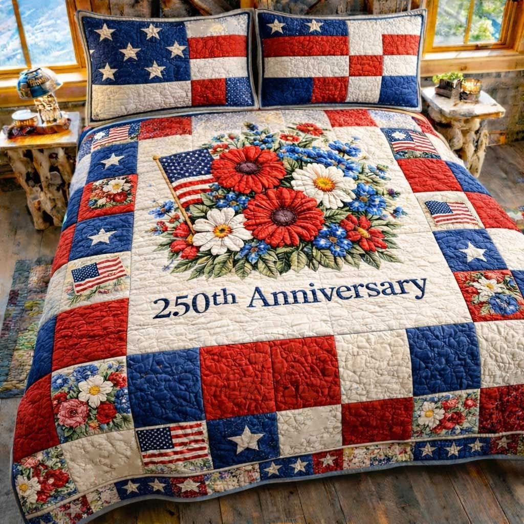 250th Anniversary Quilted Bedding Set American Flag 1776 2026 Merch Gift For Mom