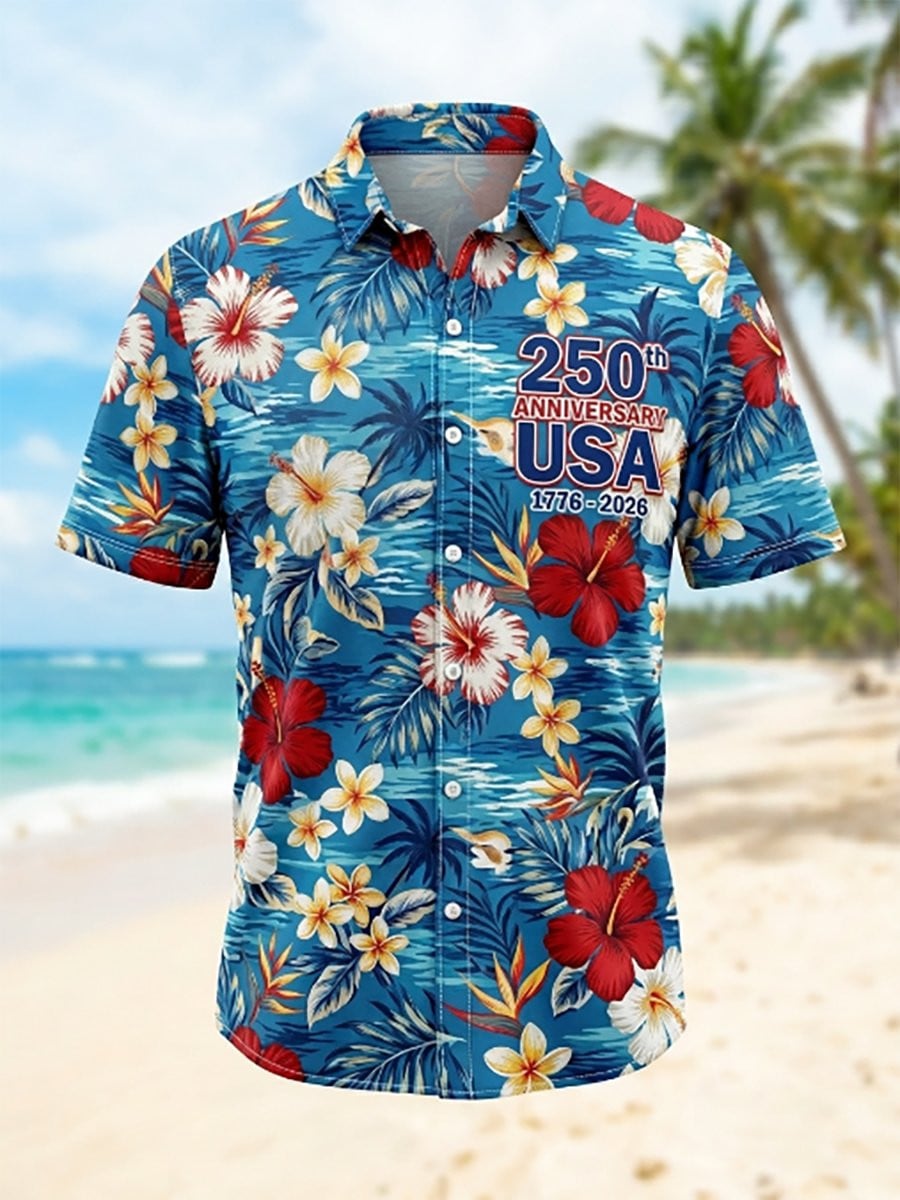 250th Anniversary USA Button Shirt Summer Day WIth Floral Apparel Gift For Men