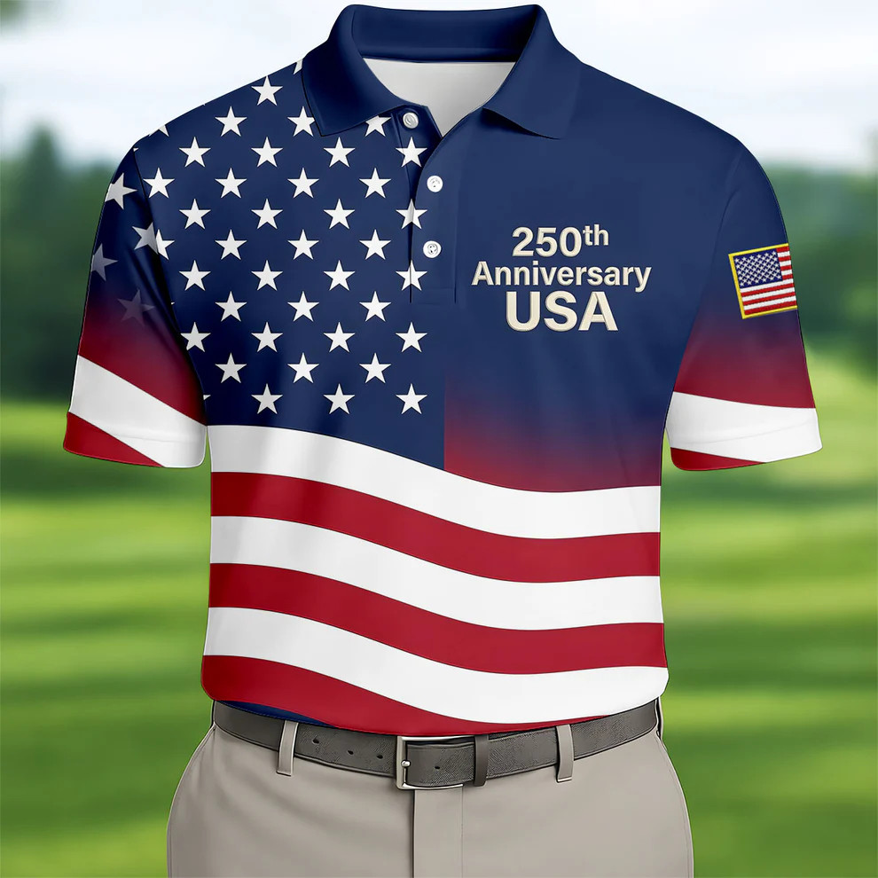 250th Anniversary USA Flag Pattern Golf Polo Shirt Patriotic Gift for Father's Day