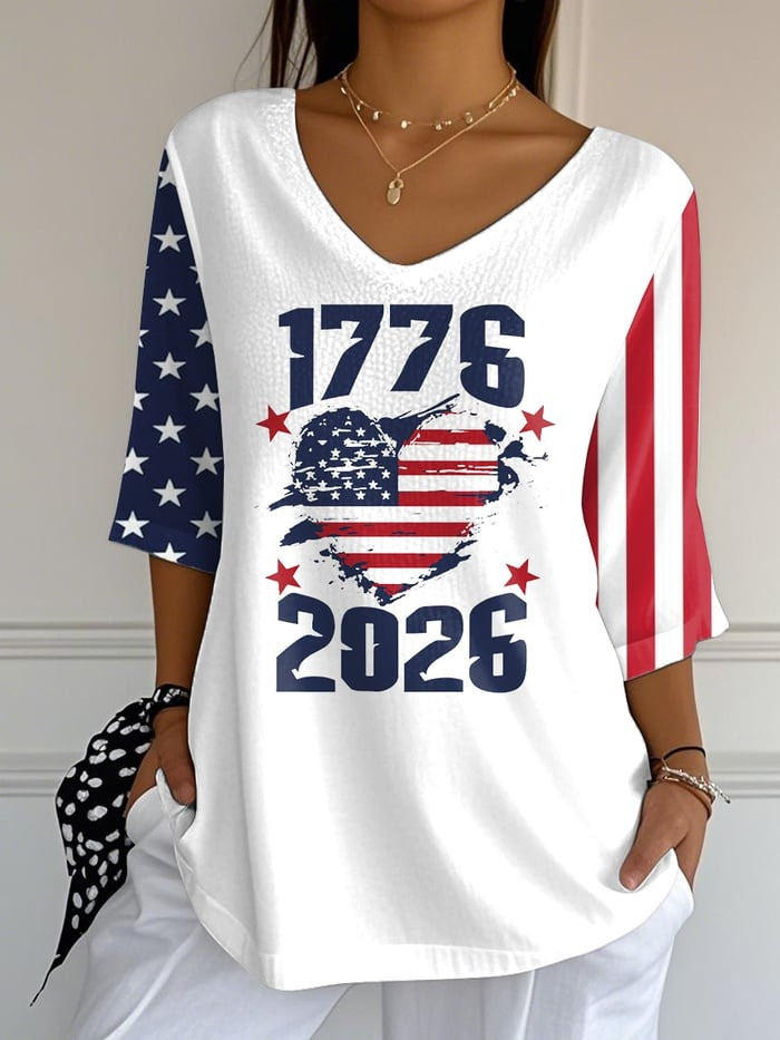 250Th Anniversary V-Neck Long Sleeve Shirt 1776 2026 US Flag Gift For Mother