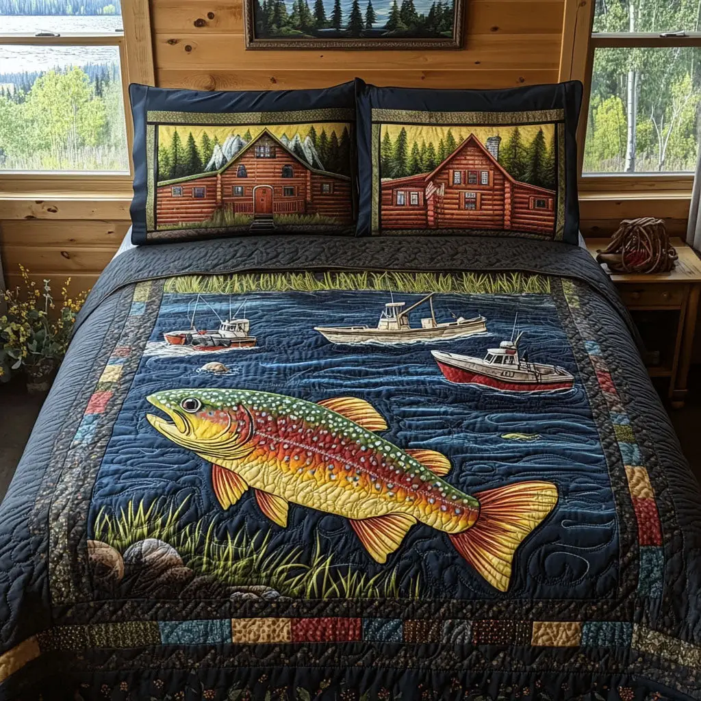 A Day on the Lake Quilted Bedding Set Christmas Bedding Duvet Cover Fishing Gifts For Him