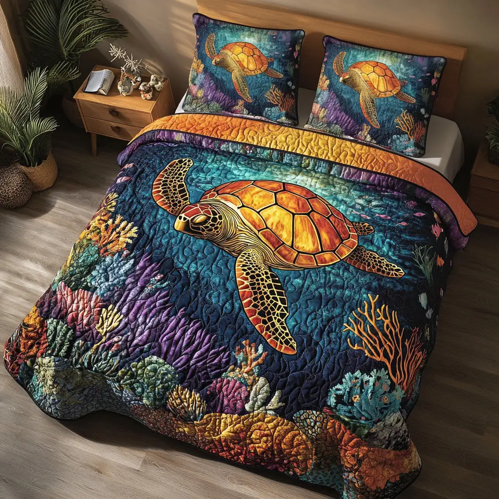 Abyss Glow Quilted Bedding Set Queen Size Quilt Ocean Inspired Gift For Husband