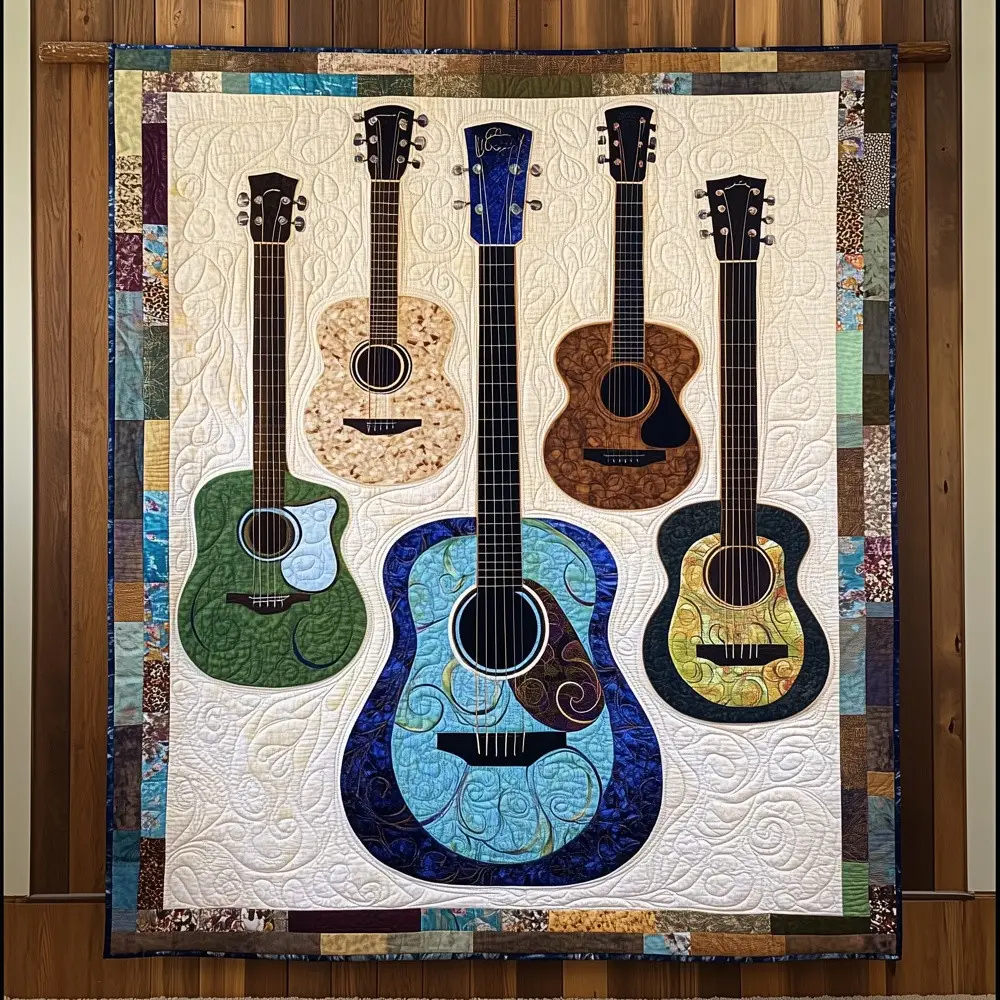 Acoustic Guitar Collection Quilted Blanket Music Lover Graphic Art Cozy Throw Best Gift For Musicians