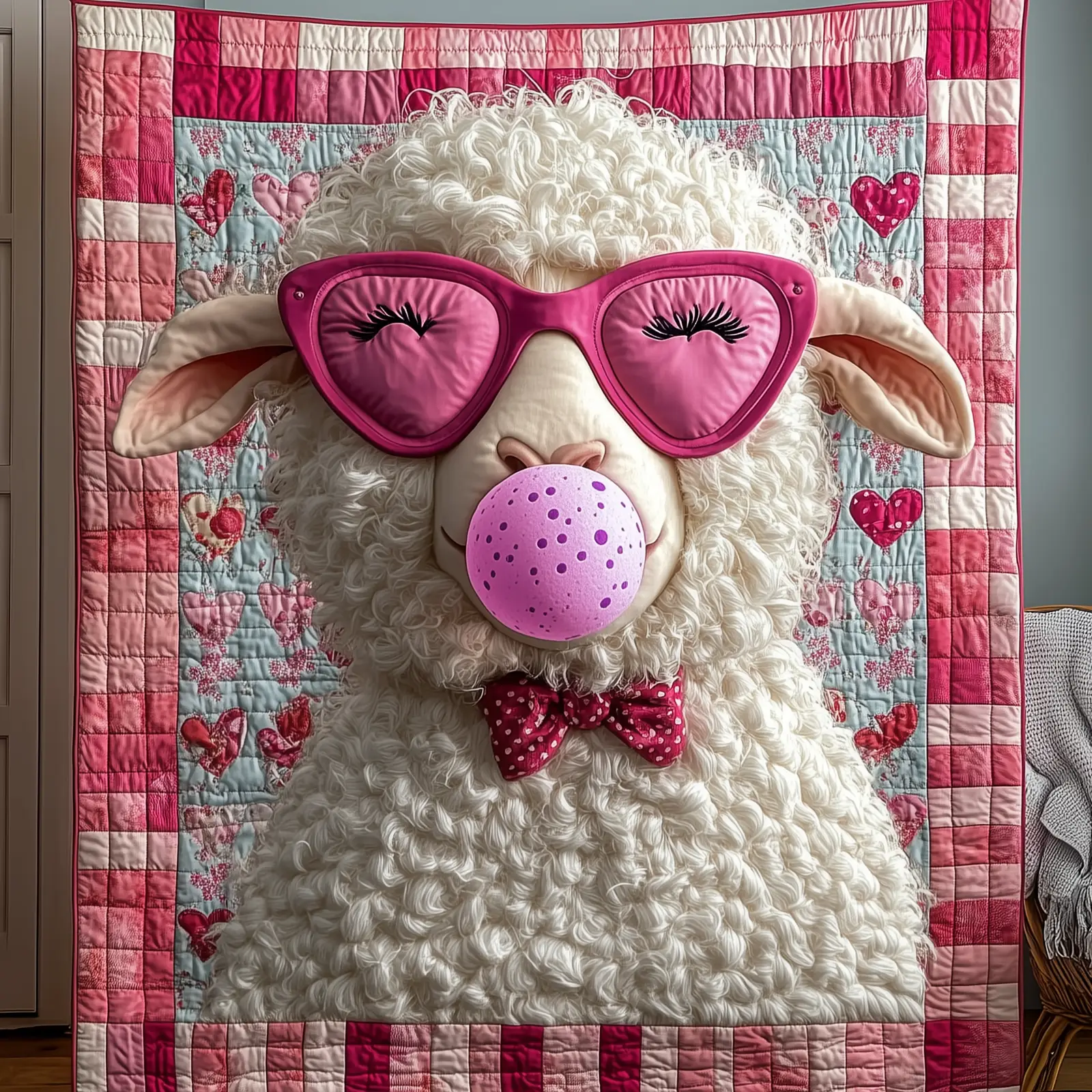 Adorable Sheep Wears Ribbon Quilted Blanket Cozy Home Decor Sheep Lover Present Ideas