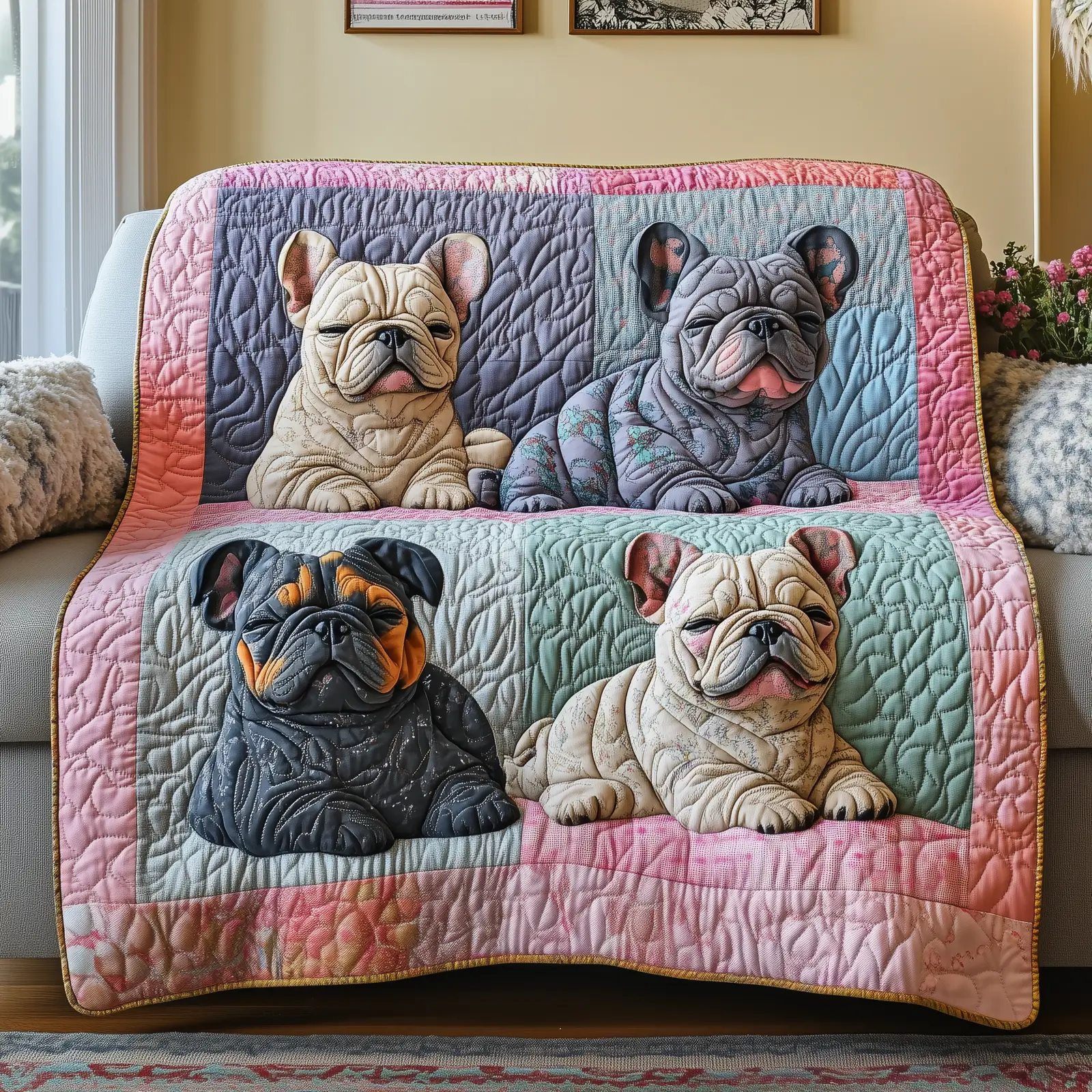 Adorable Sleepy French Bulldogs Modern Quilted Blanket French Bulldog Gifts For Her Adorable Sleepy French Bulldogs Modern Quilted Blanket French Bulldog Gifts For Her - Image 1