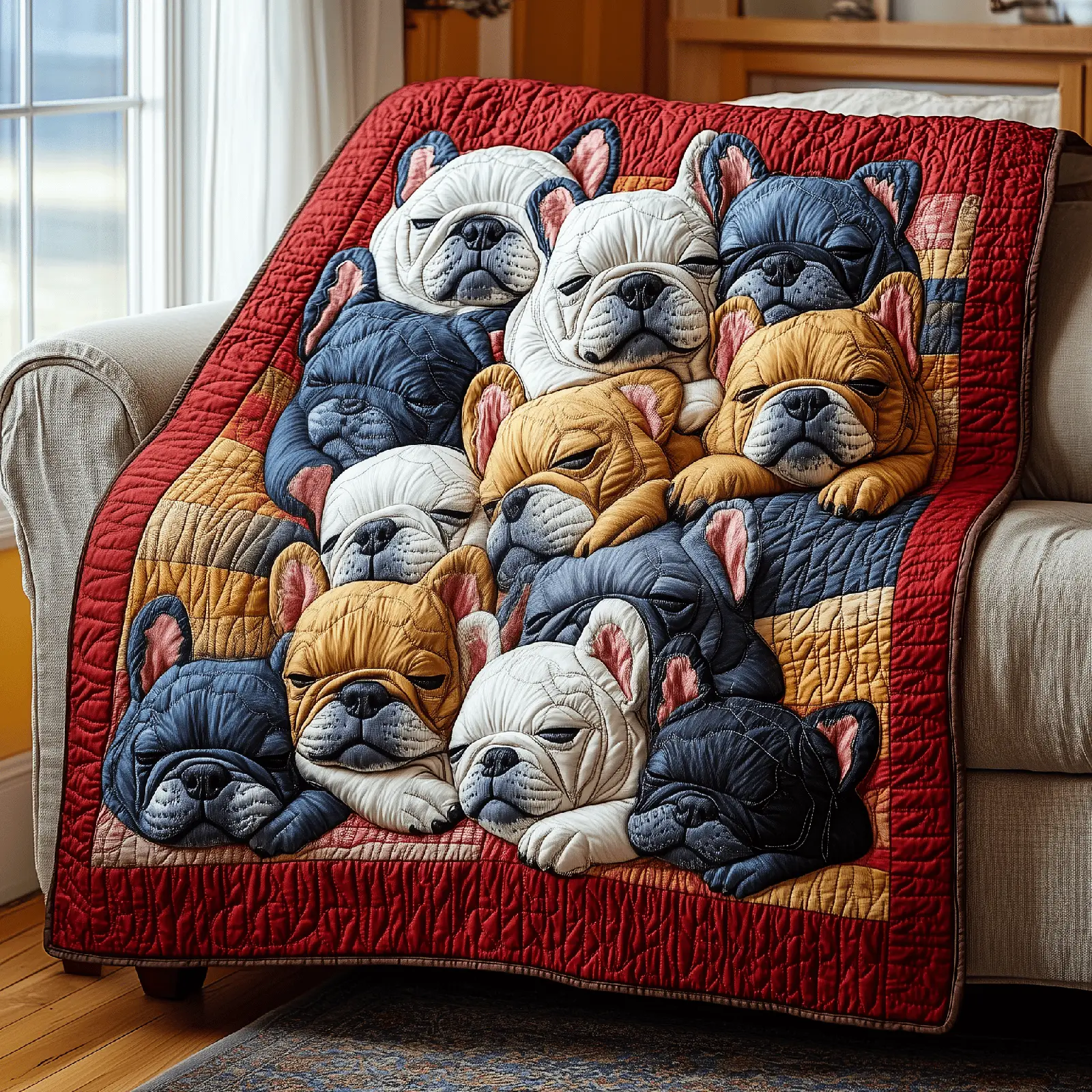 Adorable Sleepy French Bulldogs Motif Quilted Blanket Bulldog Themed Gifts