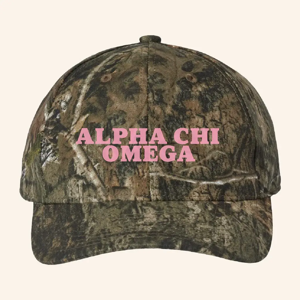 ADPI Merch Alpha Chi Omega Pink Embroidered Camo Hat Gift Ideas For Sister -WearandDecor