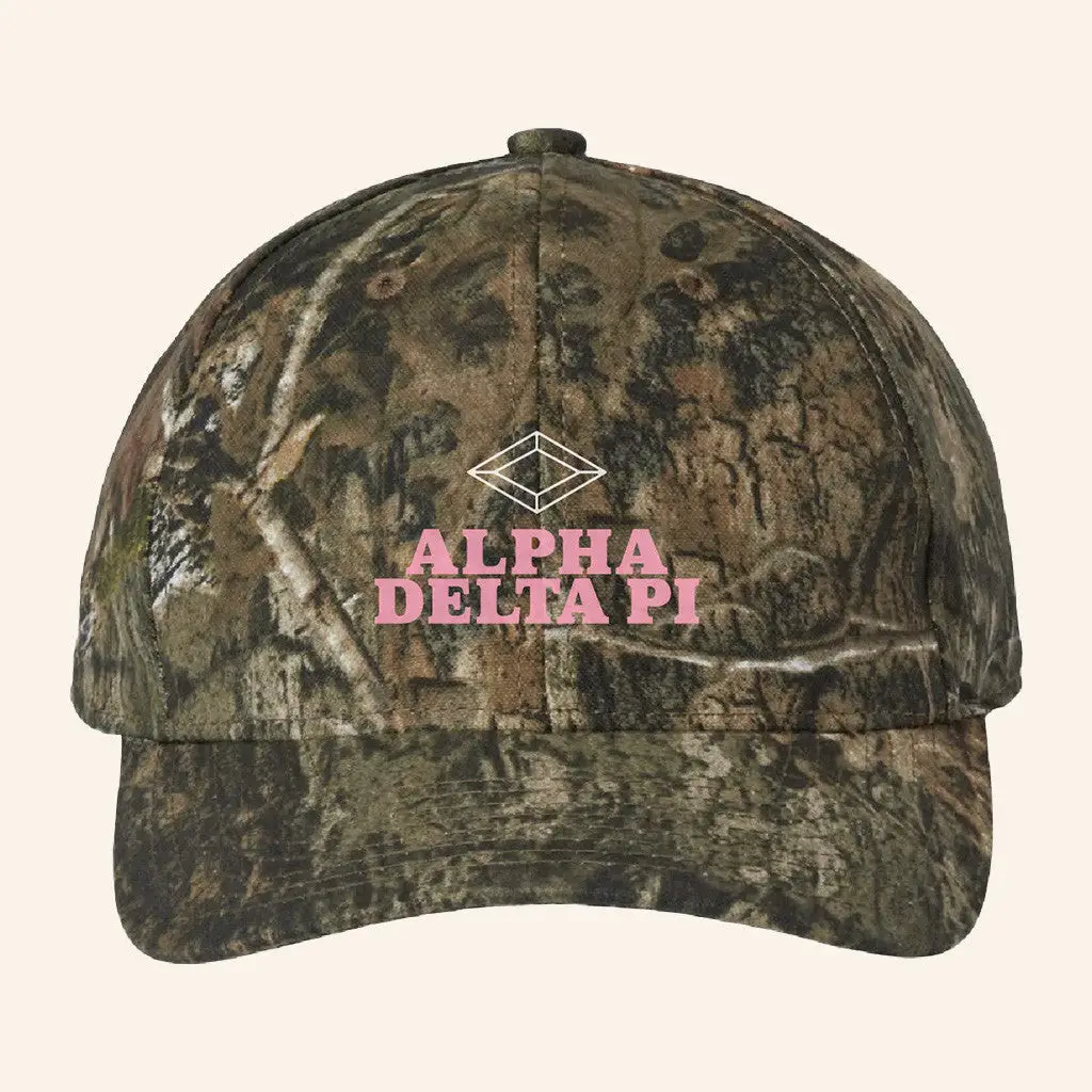 ADPI Merch Alpha Delta Pi Pink Embroidered Camo Hat Gift Ideas For Wife -WearandDecor