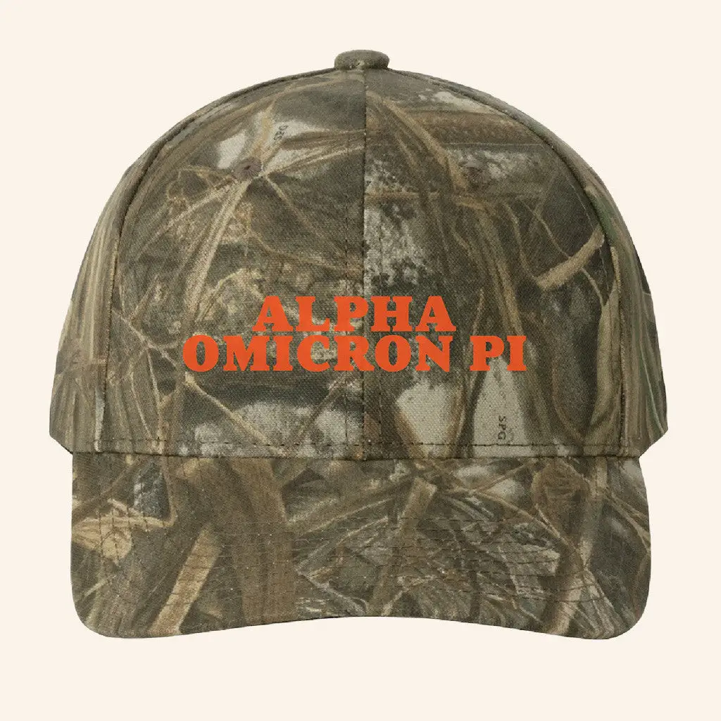 ADPI Merch Alpha Omicron Pi Orange Embroidered Camo Hat Gifts For Boyfriend -WearandDecor