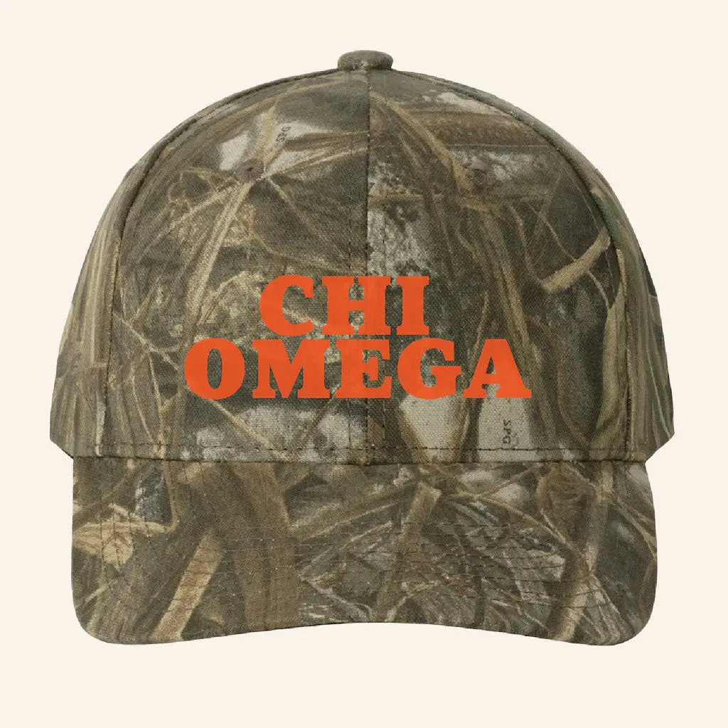 ADPI Merch Chi Omega Orange Embroidered Camo Hat Gift Ideas For Boyfriend -WearandDecor