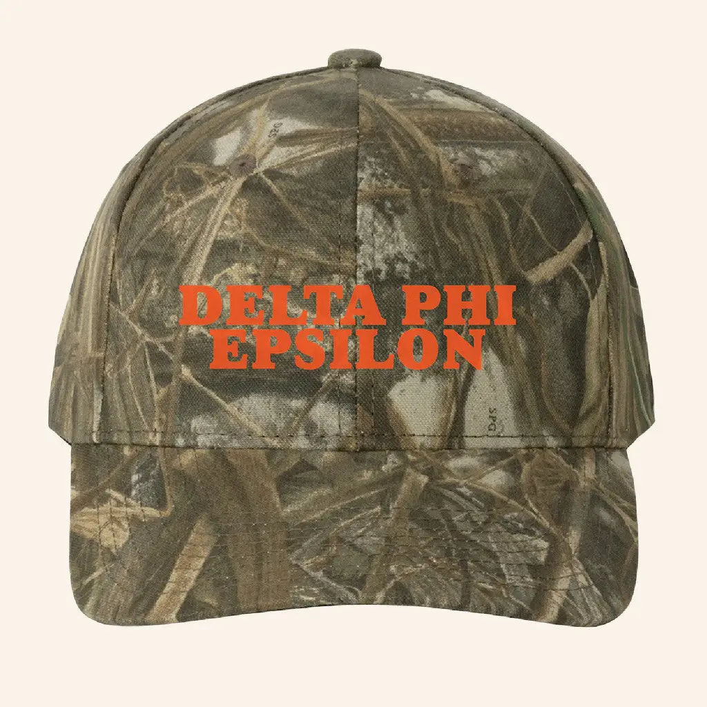 ADPI Merch Delta Phi Epsilon Orange Embroidered Camo Hat Gift Ideas For Him -WearandDecor