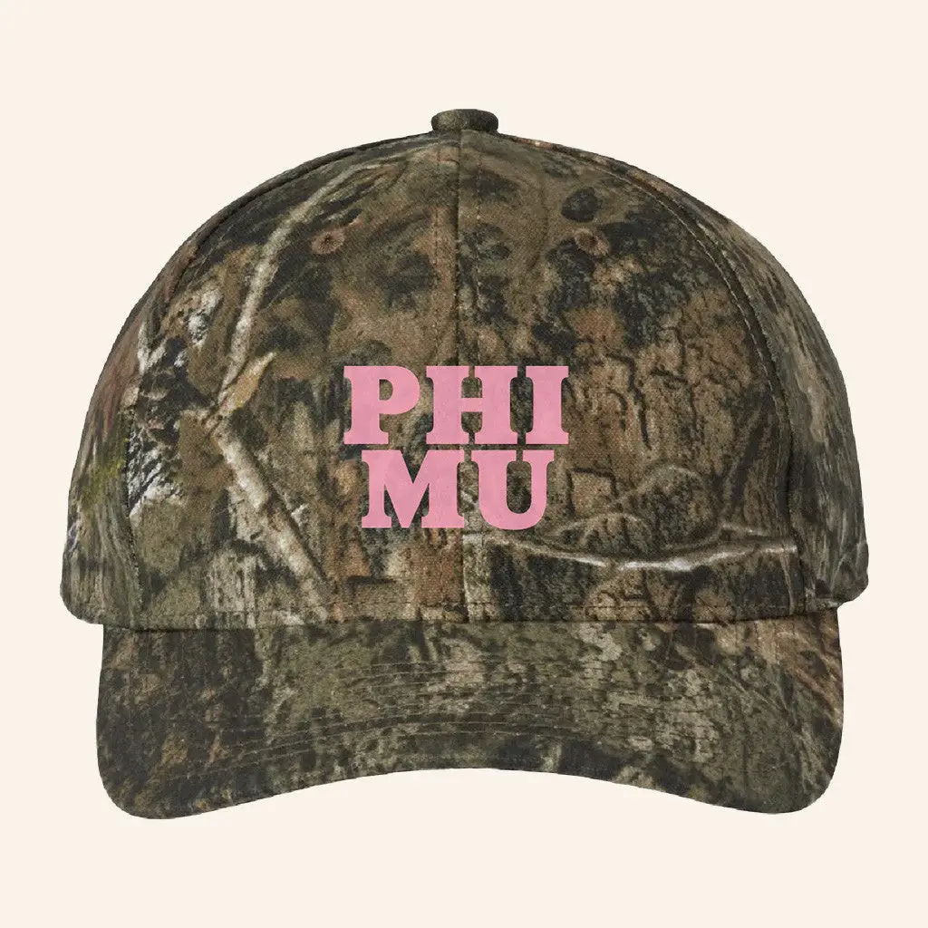 ADPI Merch Phi Mu Pink Embroidered Camo Hat Gifts For Daughter -WearandDecor ADPI Merch Phi Mu Pink Embroidered Camo Hat Gifts For Daughter -WearandDecor - Image 1