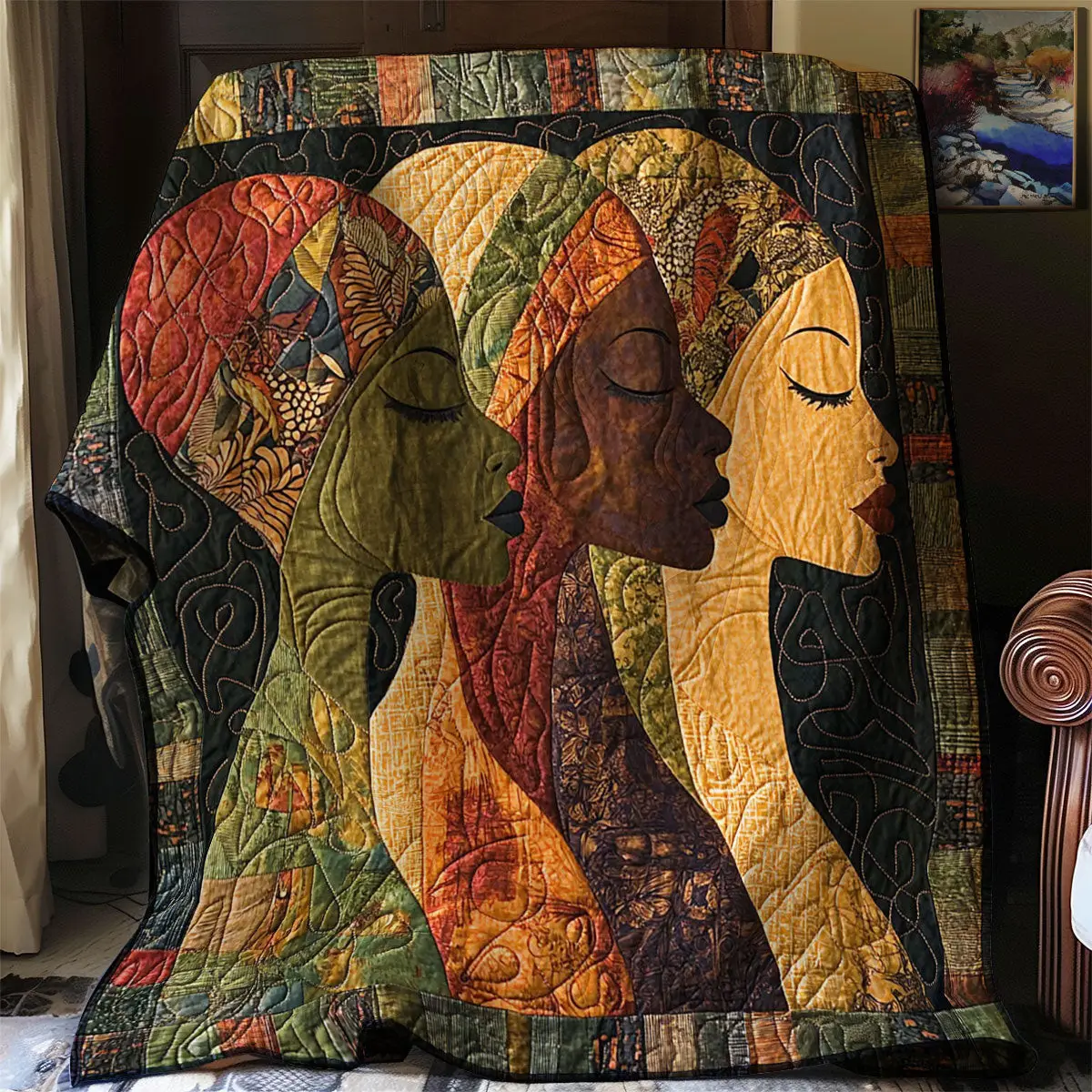 African Women Earth Toned Elegance Quilt Blanket African Art Throw Blanket Native Gifts African Women Earth Toned Elegance Quilt Blanket African Art Throw Blanket Native Gifts - Image 1