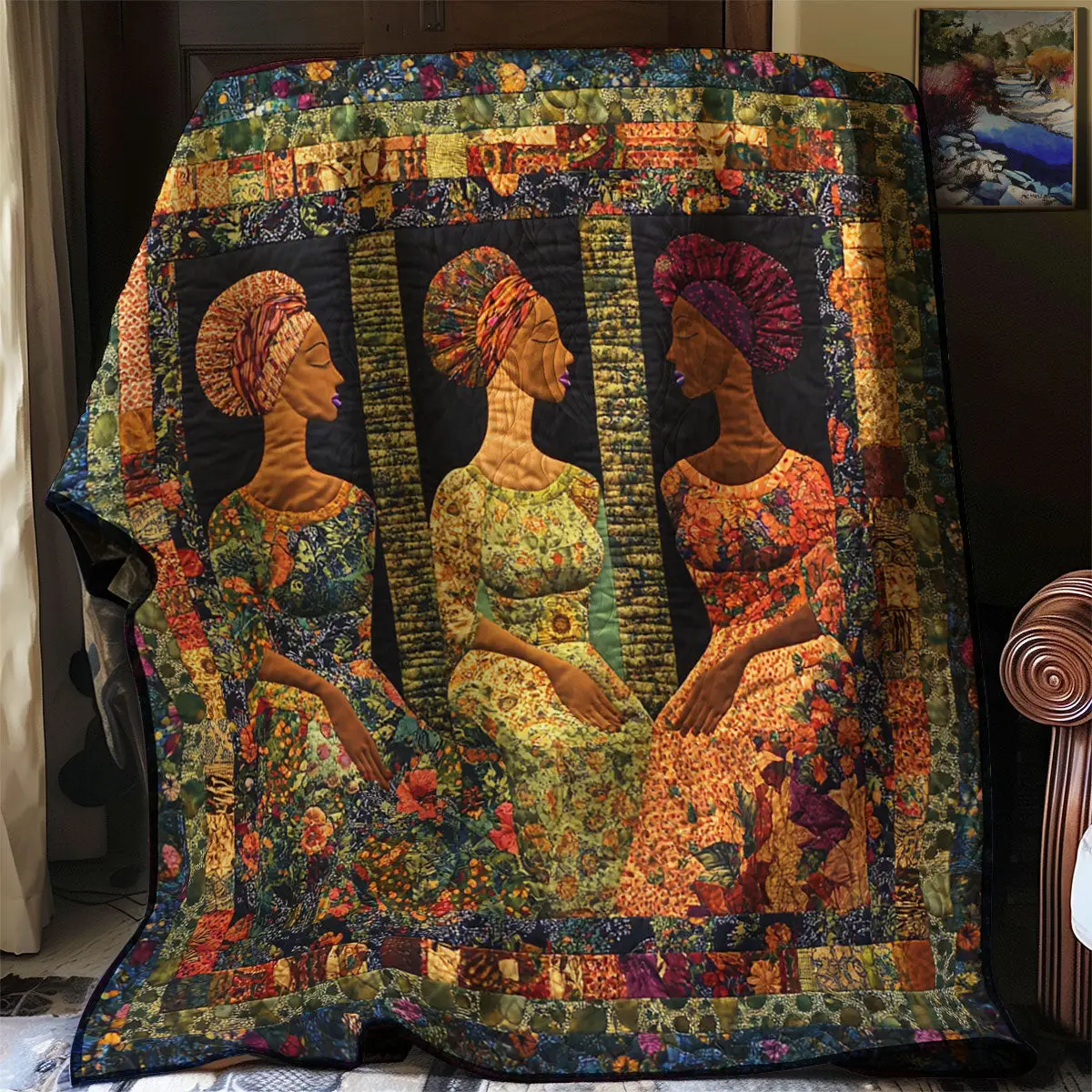 African Women Earth Toned Quilt Blanket African Art Throw Blanket Native Gifts