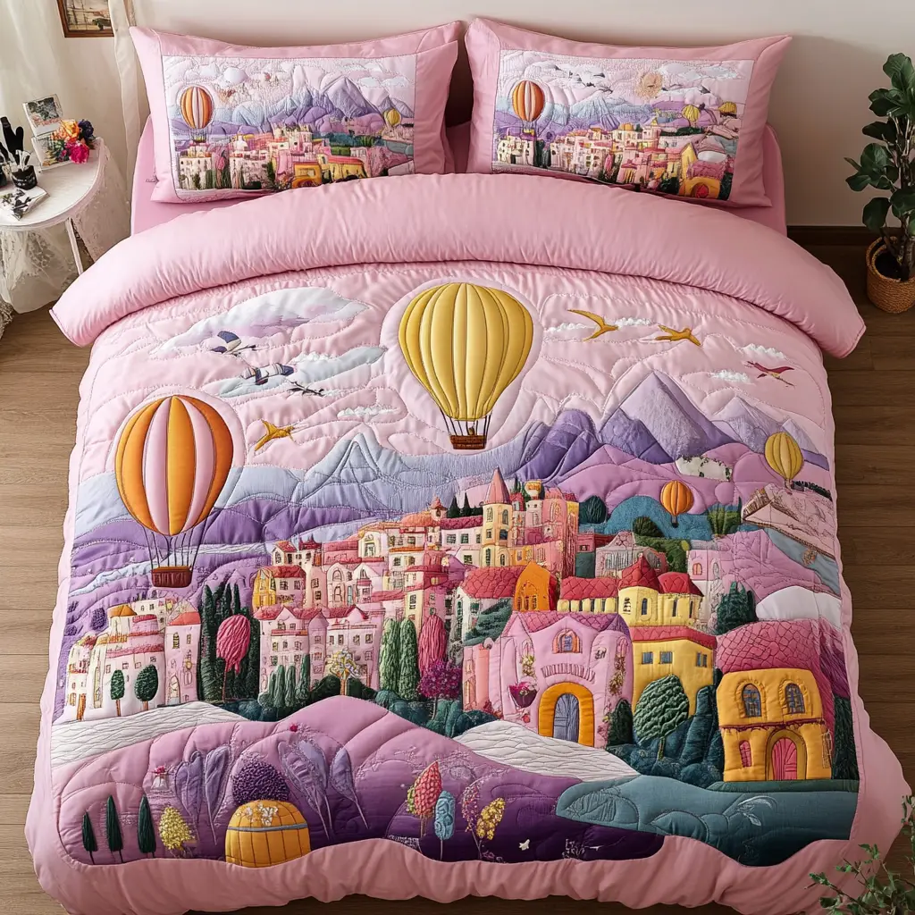 Air Escape Quilted Bedding Set Best Bed Sheet Set Sky Air Balloon Themed Gifts