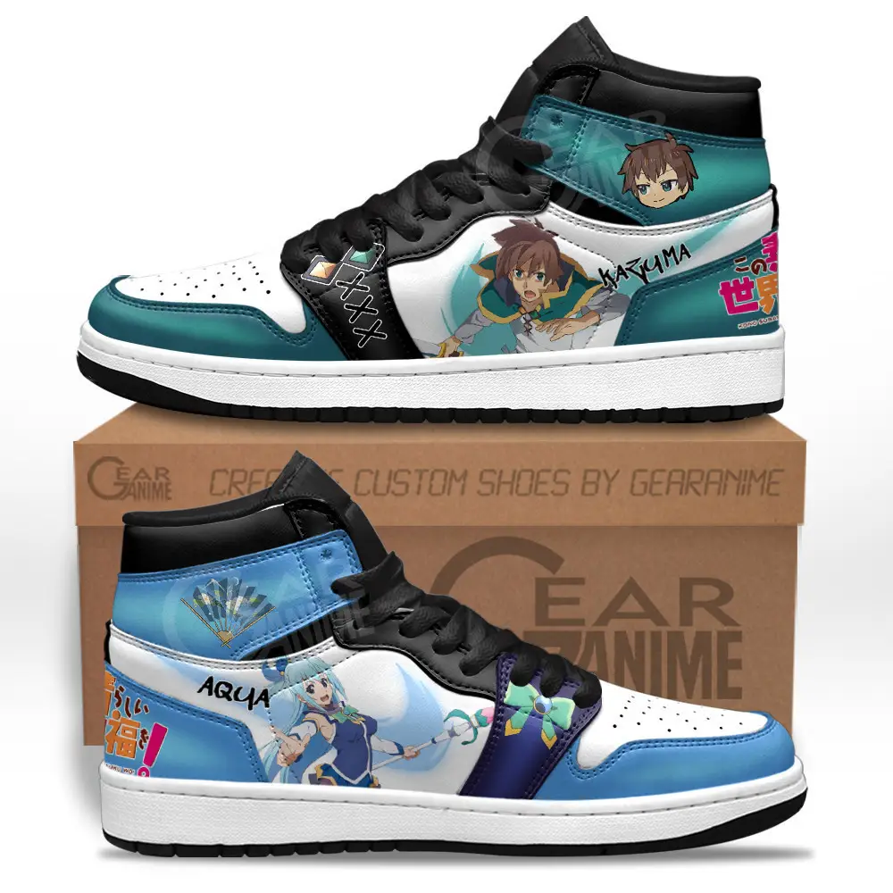 Air JD Hightop Shoes Aqua and Kazuma Satou JD1s Sneakers KonoSuba Custom Anime Shoes