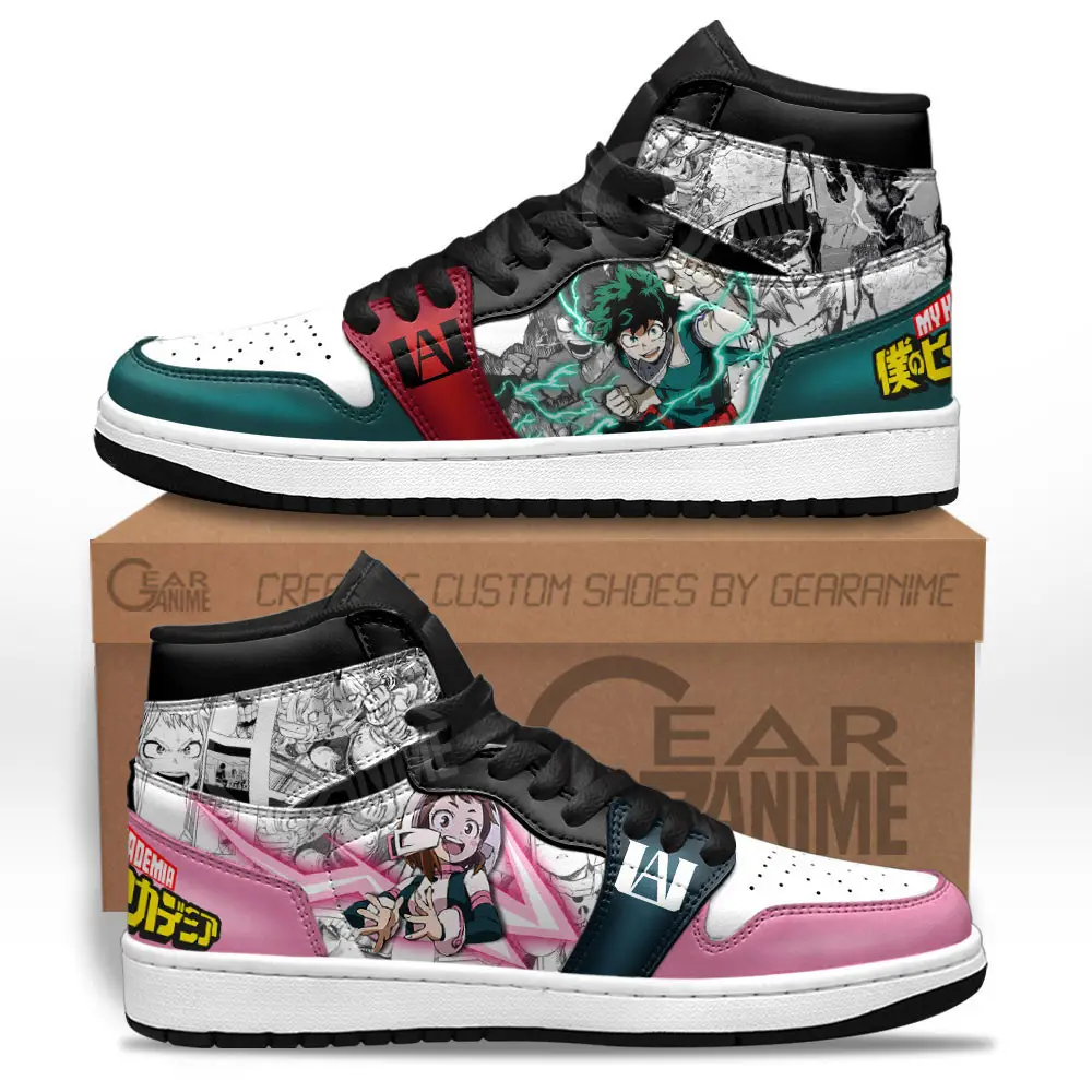 Air JD Hightop Shoes Deku and Ochako JD1s Sneakers Custom BNHA Manga Anime