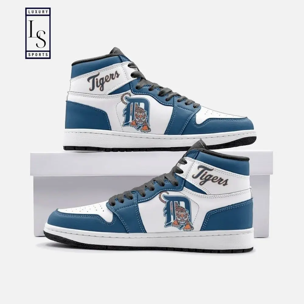 Air JD Hightop Shoes MLB Detroit Tigers White Blue Air Jordan 1 High Sneakers
