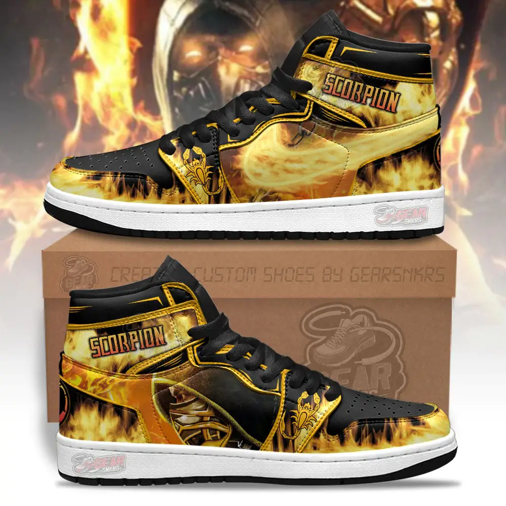 Air JD Hightop Shoes Mortal Kombat Sneakers Scorpion Fire Style J1 Shoes Custom For Fans