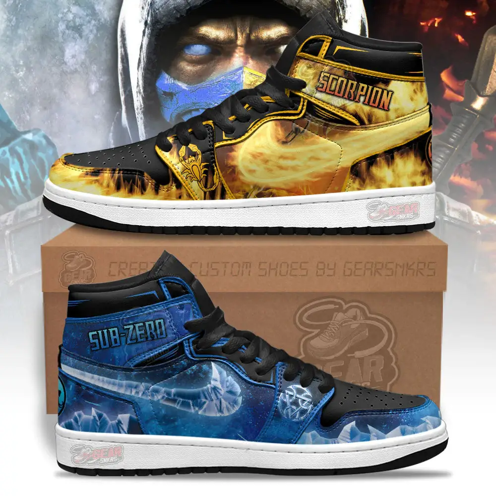 Air JD Hightop Shoes Mortal Kombat Sneakers Scorpion Fire Style vs Sub-zero Ice J1 Shoes Custom For Fans