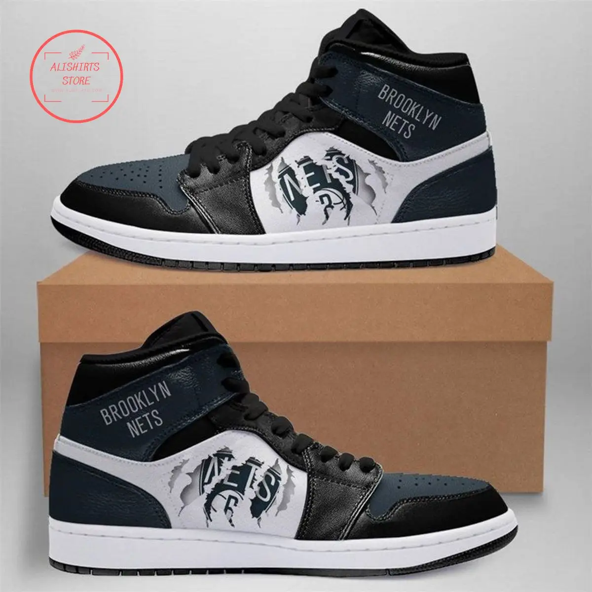 Air JD Hightop Shoes NBA Brooklyn Nets Blue Black Scratch Air Jordan 1 High Sneakers Air JD Hightop Shoes NBA Brooklyn Nets Blue Black Scratch Air Jordan 1 High Sneakers - Image 1
